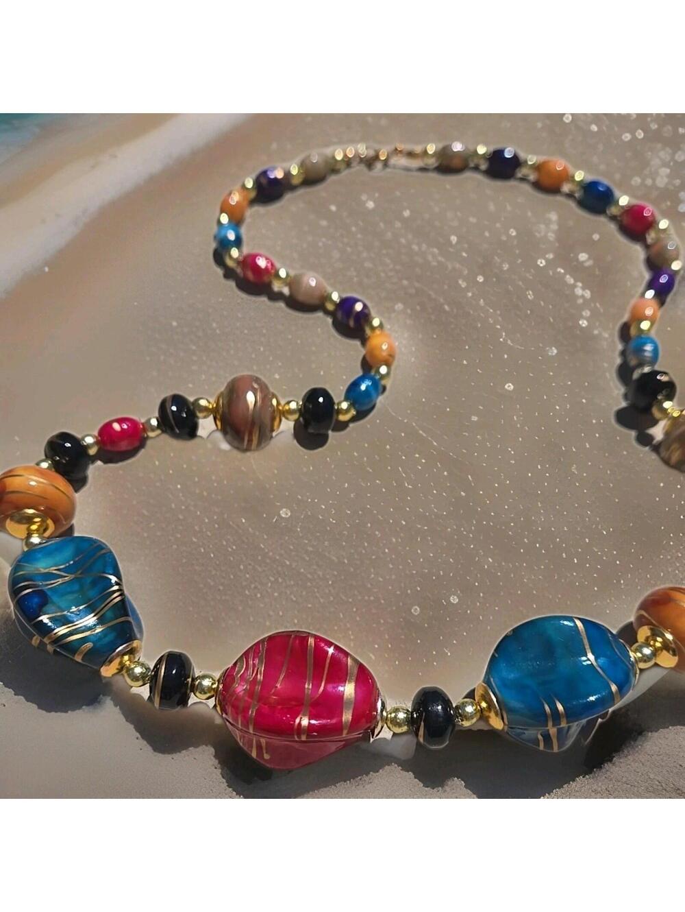 Vintage Fashion Jewelry Swirl Beaded 24" Necklace Multicolor